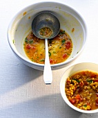 Tomato and lentil soup with ladle in bowl