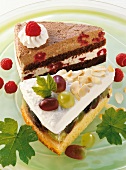 50 Torten, 2 Stücke: Schokolad en-Himbeer-Torte, Trauben-Sekt-Torte