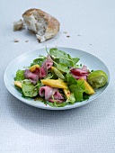 Wild garlic spinach salad with mango dressing and roast beef on plate