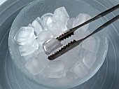 Bowl of ice cubes and tongs