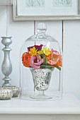 Spring flowers under a glass cloche on a shelf against a wooden wall