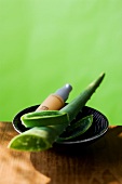 Close-up of bowl with cut aloe vera and xingu product kept on wooden table