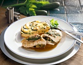 Chicken breast with porcini mushrooms and gratin on plate