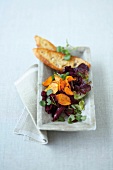 Sweet potato and beetroot salad with ciabatta bread and watercress