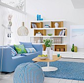 Blaues Sofa, Regalwand mit Glaskästen und blauweißer Sitzsack