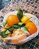 Orangen mit Blättern in einer Plasti ktüte