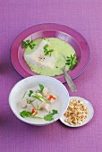 Cream of fish soup with pangasius, and laksa (coconut milk soup) with chicken
