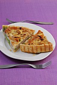 Walnut quiche with peas and mushrooms on plate