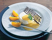 White chocolate mousse cake with peaches, chocolate lattice on plate