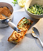 Crostini with lentils, marinated zucchini and casserole