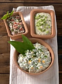 Artichoke, wild garlic, schafkase and tuna dip in bowls