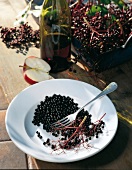 Elderberries on plate with half apple and red wine bottle on table