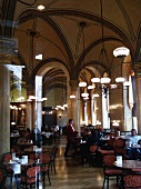 View of red chairs and waiter serving at Cafe Central in Palais Ferstel, Vienna, Austria