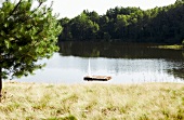 Floß treibt auf einem See in der Lüneburger Heide.
