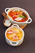 Turkey soup and carrot soup with dumplings in casseroles