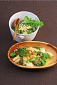Steamed rice with tender wheat and asparagus ragout