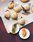 Oyster bread with tomato mayonnaise on paper