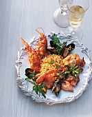 Seafood with fried bulgur on plate