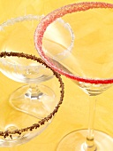 Close-up of three glasses with collared sugar rims