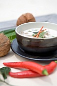 Close-up of coconut soup in bowl in Dhigufinolhu island, Maldives