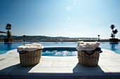 Two basket with towels at swimming pool of Hotel Four Seasons, Istanbul, Turkey