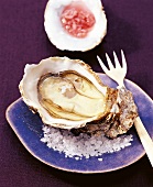 Oyster with raspberry shallots on plate