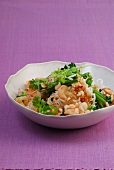 Fried rice with turkey, vermicelli, shrimp and broccoli in bowl