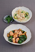 Ginger fish with brussels sprouts and salmon dish in bowls, Japan