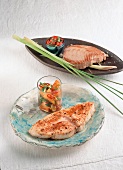 Tuna with salsa, lemon grass and cajun swordfish on tray