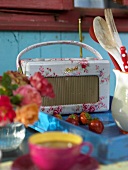 Radio with floral pattern on tray