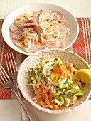 Omas Küche, Wurstsalat, Eier- salat mit Räucherlachs und Krabben