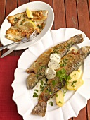 Plaice with lemon wedges and trout with herb butter on plates