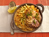 Fillet with mushrooms, noodles and lemon in casserole, Swabia, Germany