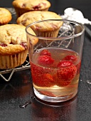 Strawberry muffins with strawberries and prosecco floats in glass