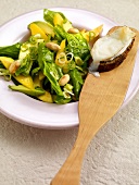 Avocado and mango salad with cheese croutons and peanuts in bowl