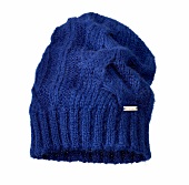Knitted blue hat on white background