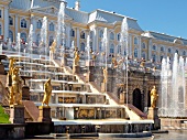 View of Peterhof Grand Cascade fountain with bronze sculptures in St. petersburg, Russia