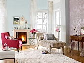 Living room with red chair, chaise longue and white carpet in front of fireplace