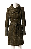 Double breasted plaid coat with waist belt on white background