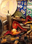 Close-up of different meerschaum pipes with cover at Grand Bazaar in Istanbul, Turkey