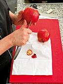 Close-up of hands cutting pomegranate with knife