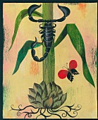 Illustration of scorpion crawling up a small plant symbolizing the zodiac sign Scorpio