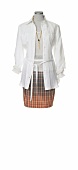 Knitted sweater with blouse and white checks skirt on white background