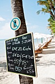 Signboard with weather conditions and banned cell phone on beach, Key West, Florida, USA