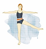 Illustration - Uebung: Single Leg Circle, Frau in Badeanzug