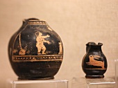 Close-up of antique pitchers in the wine museum at Torgiano, Perugia, Italy