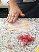 Preparation of open ravioli with asparagus with lasagna pasta