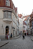 View of houses and people on street in old town at Tallinn, Estonia, Russia