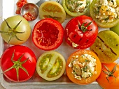 Close-up of variety of tomatoes with feta cheese filling