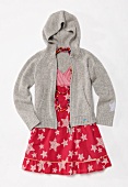 Pink dress with stars printed, gray hood and necklace